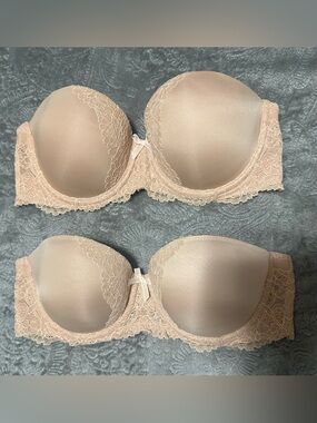 2 Victoria’s Secret Dream Angels Multiway Padded Strapless Bra Tan Nude Lace 32C